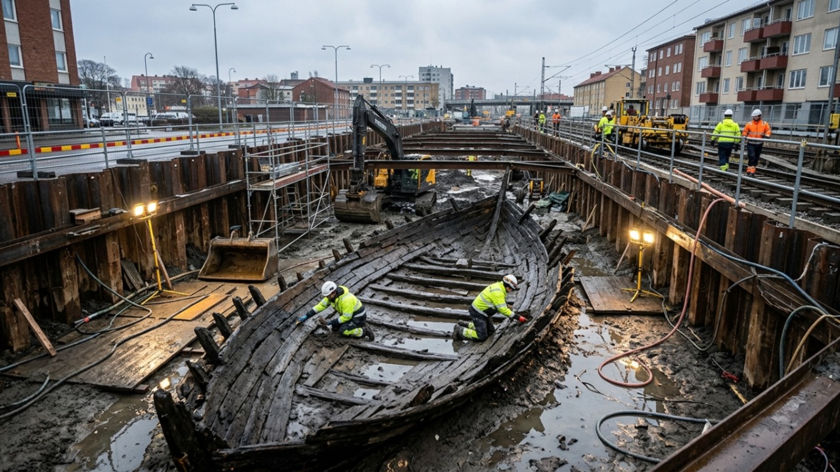 Obra de túnel na Suécia encontra seis navios enterrados onde antes existia o mar e revela uma cidade medieval escondida sob o asfalto