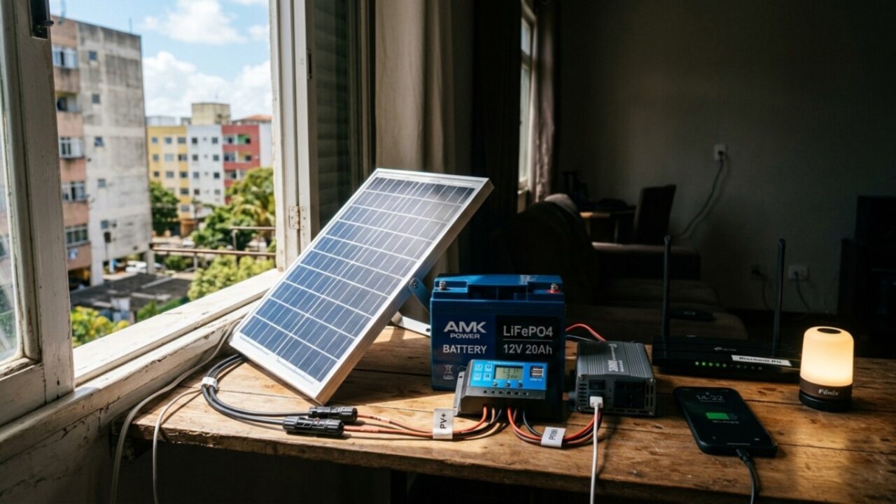 Como montar um kit de energia solar portátil para emergências usando placa, bateria, controlador e inversor