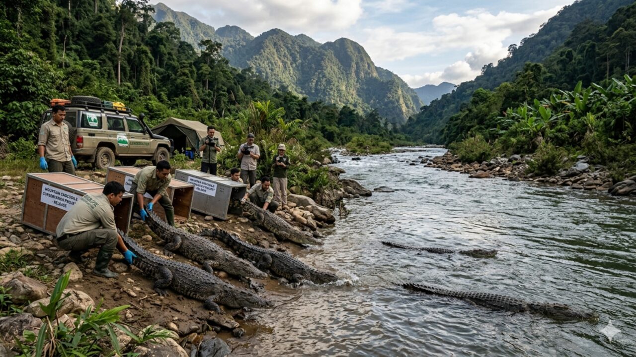 10 crocodilos montanhosos ameaçados de extinção foram soltos no rio