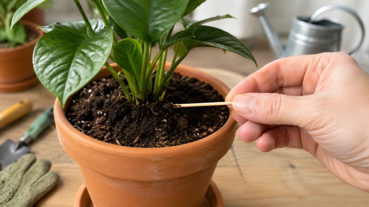 O palito mostra a umidade escondida no substrato e ajuda a evitar excesso de rega