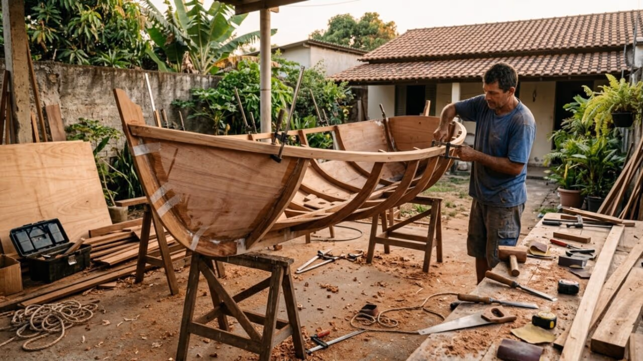 Barco feito em casa com compensado, resina e vela artesanal mostra que a construção naval pode ser mais acessível do que parece