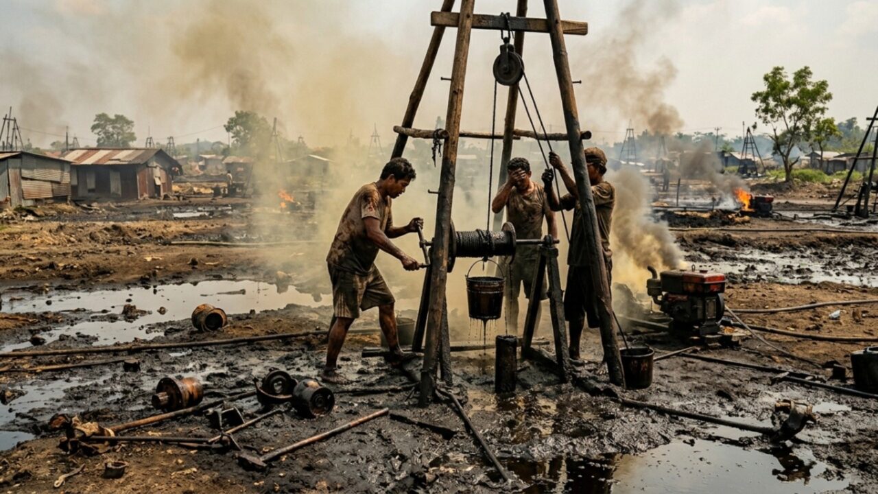 O trabalho brutal em poços de petróleo abandonados pela modernidade, onde homens respiram gases tóxicos por quase nada