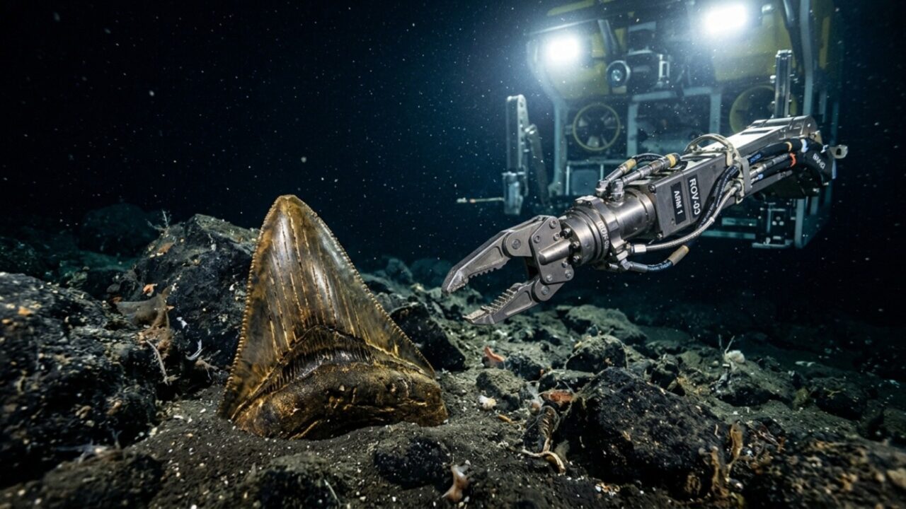 Robô encontra dente de megalodonte a mais de 3 quilômetros de profundidade em lugar nunca explorado por humanos