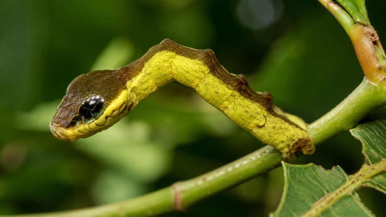 A lagarta que se disfarça perfeitamente de cobra para assustar predadores