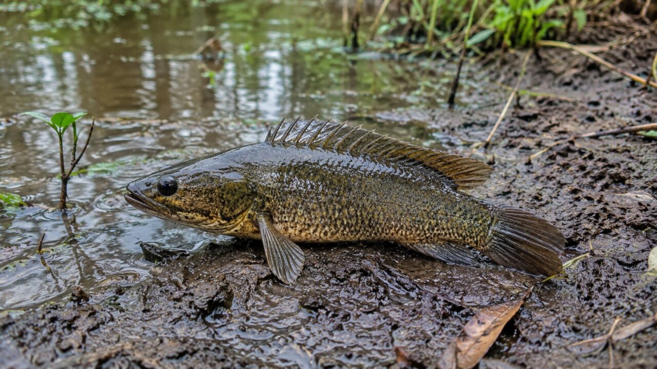 O climbing perch respira ar com um órgão especial e consegue resistir fora da água quando há umidade suficiente