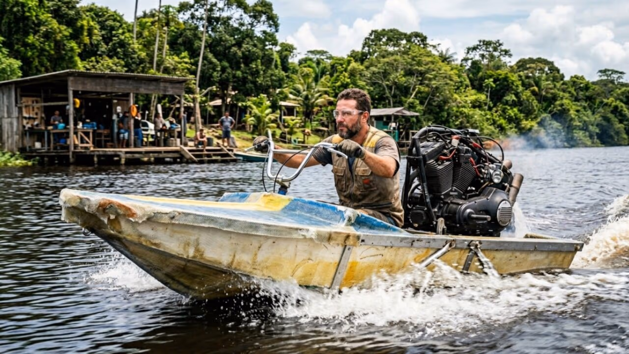 Um bloco de isopor virou um superbarco caseiro com motor V-Twin, fibra de vidro e direção feita com guidão de bicicleta