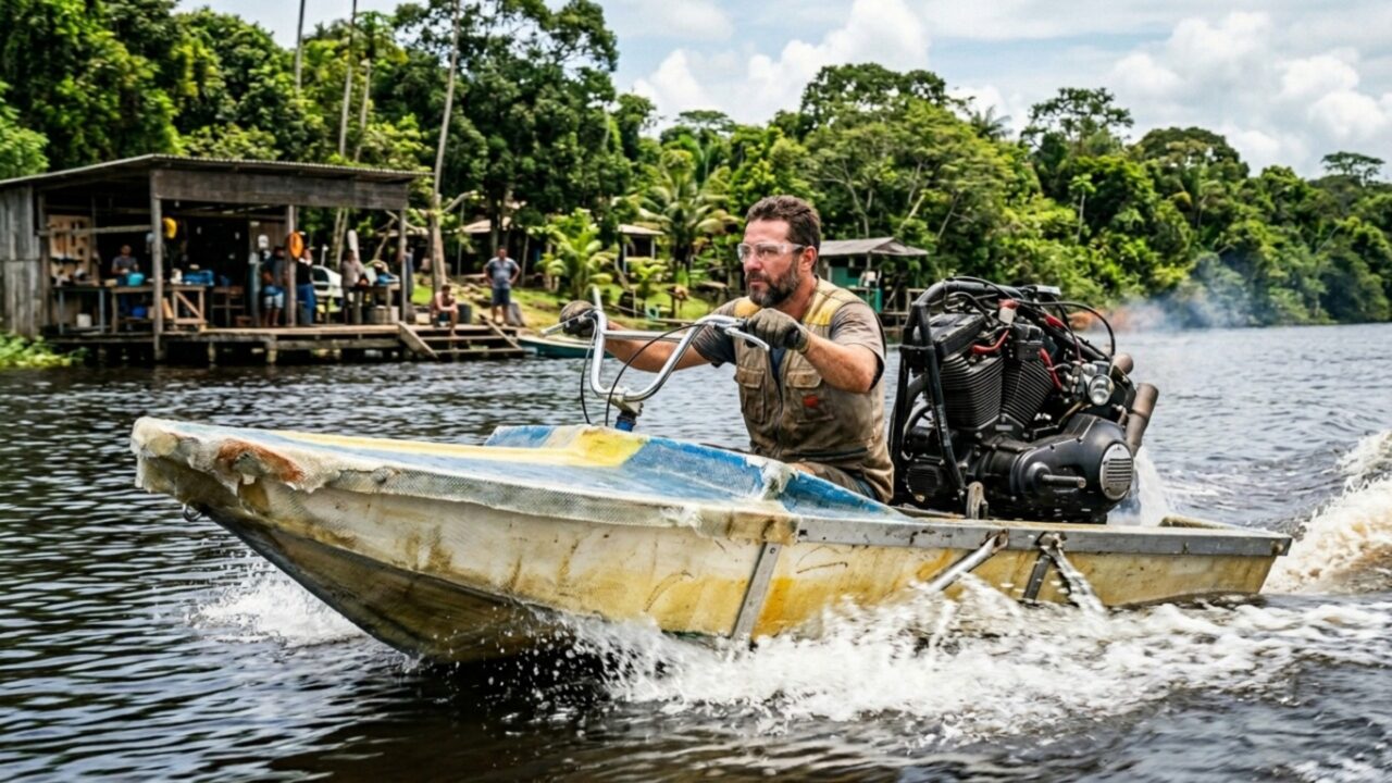 Um bloco de isopor virou um superbarco caseiro com motor V-Twin, fibra de vidro e direção feita com guidão de bicicleta
