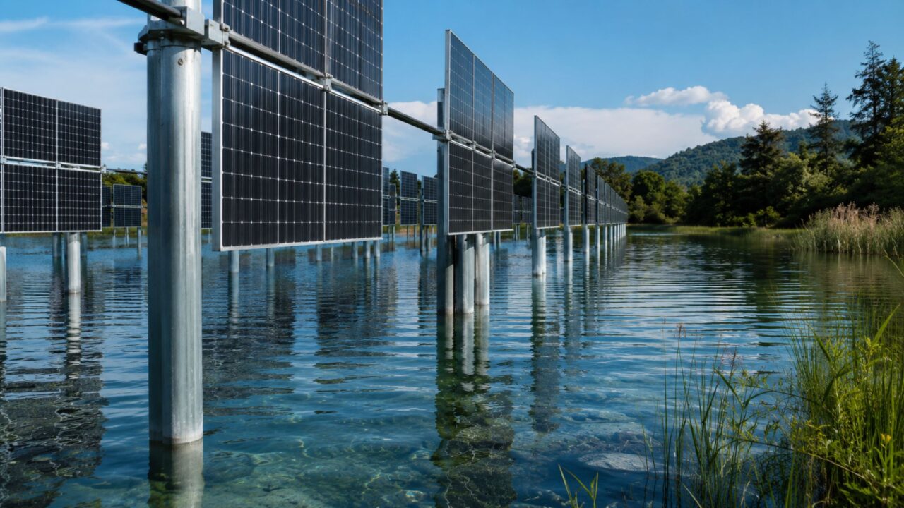 Painéis verticais permitem gerar eletricidade mantendo luz, circulação e equilíbrio no lago artificial