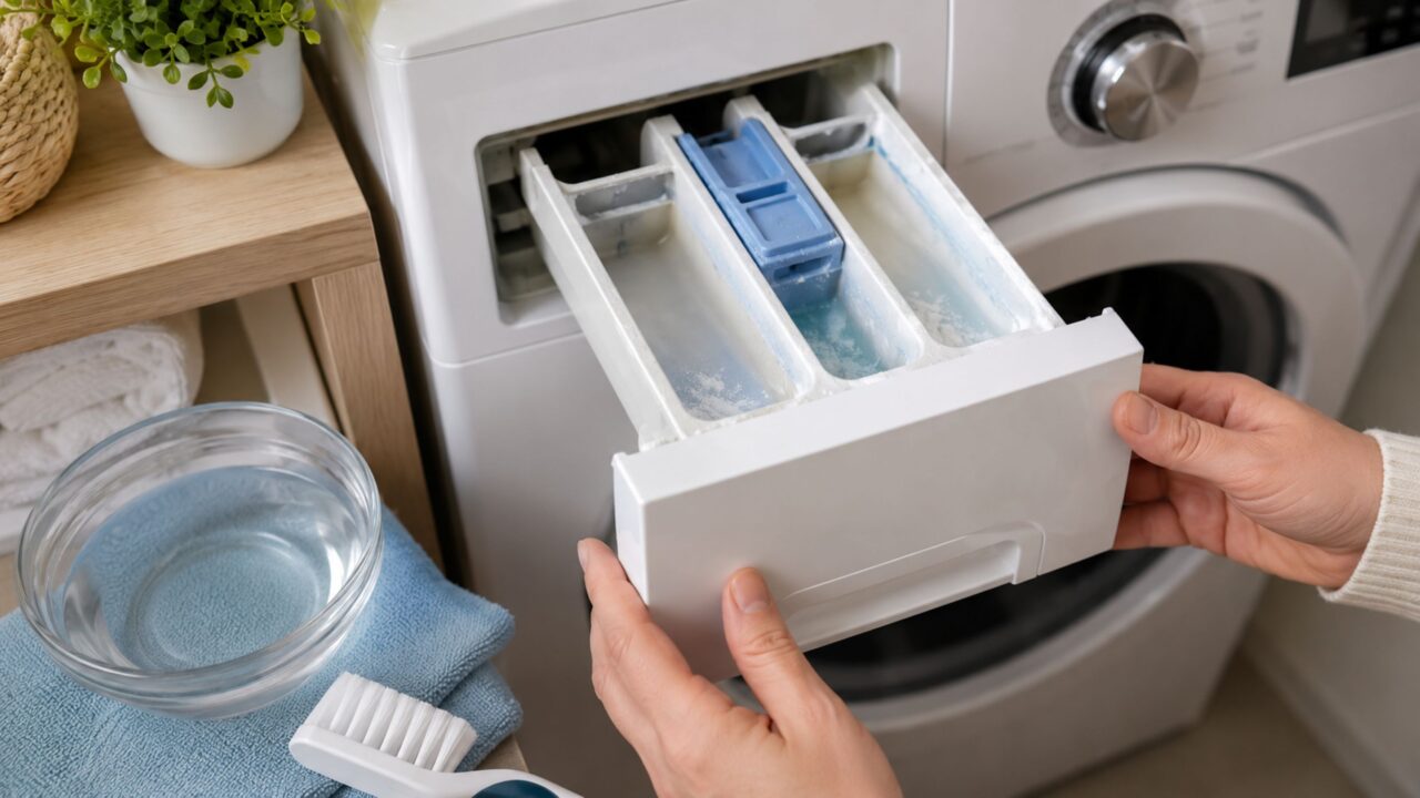 Limpar o dispenser ajuda a evitar manchas, mau cheiro e acúmulo de produto na lavagem