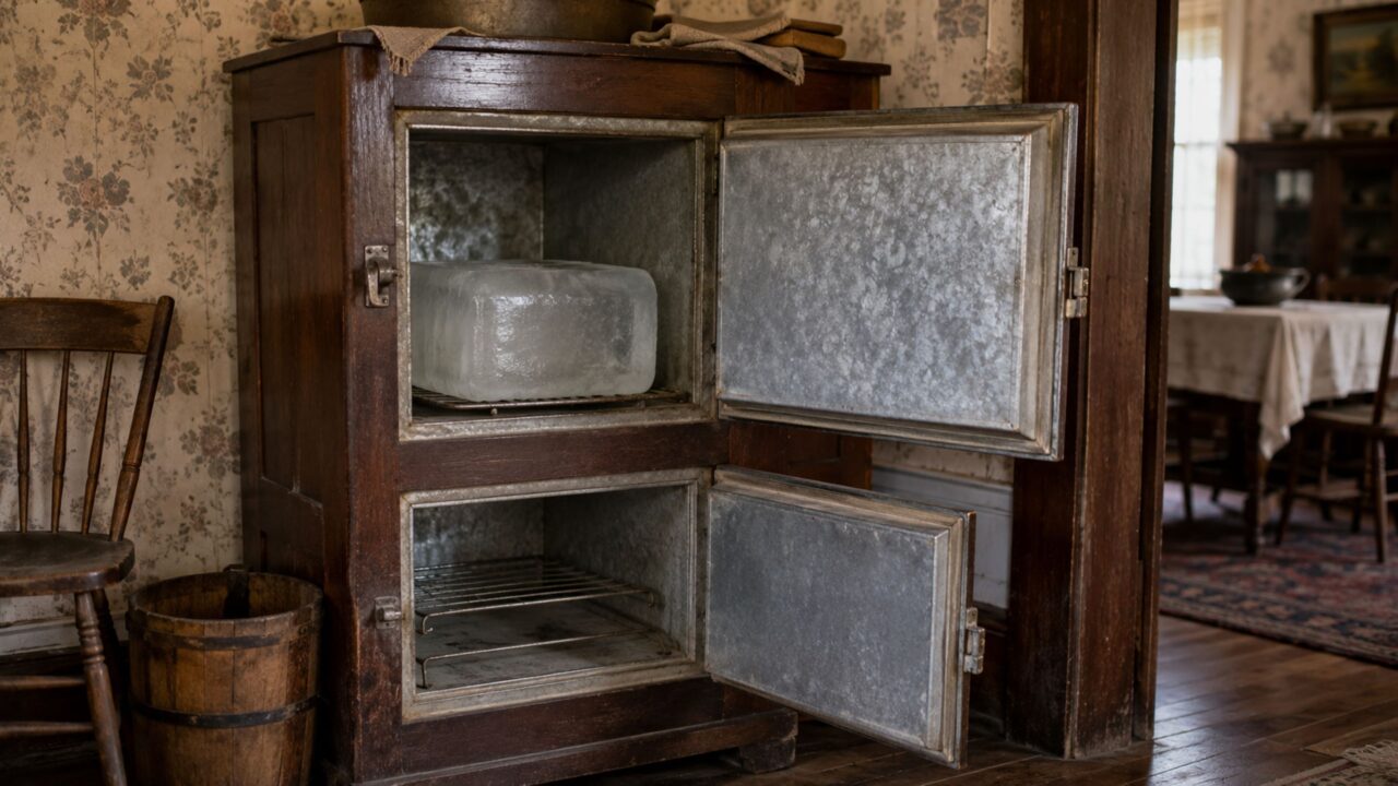 Antes da eletricidade, blocos de gelo eram usados para conservar alimentos dentro de caixas térmicas domésticas
