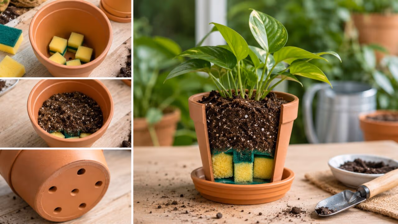 Por que você deve colocar uma esponja velha no fundo do vaso antes de mudar a planta