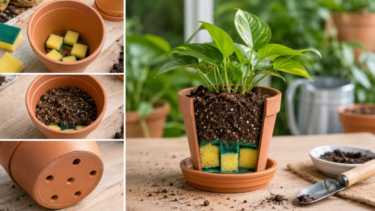 Por que você deve colocar uma esponja velha no fundo do vaso antes de mudar a planta