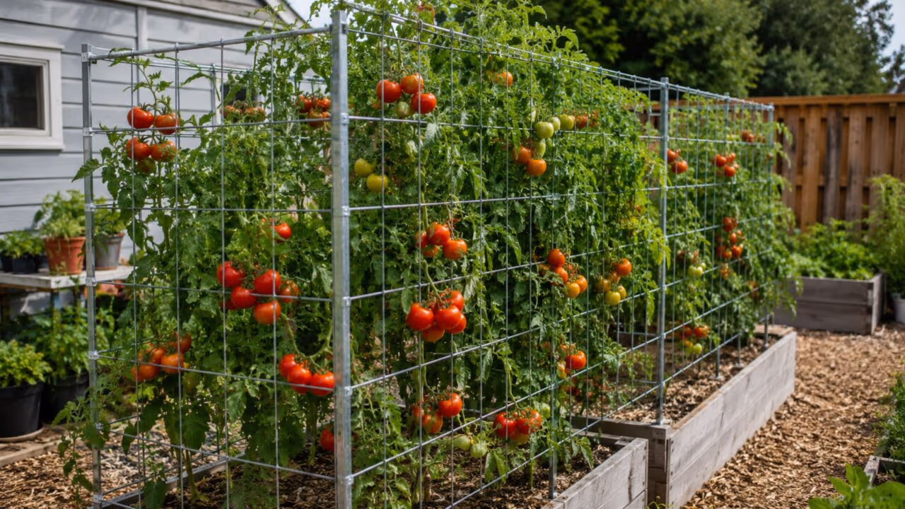 Adeus às gaiolas frágeis de tomate: tela hog wire economiza espaço e sustenta plantas pesadas por anos