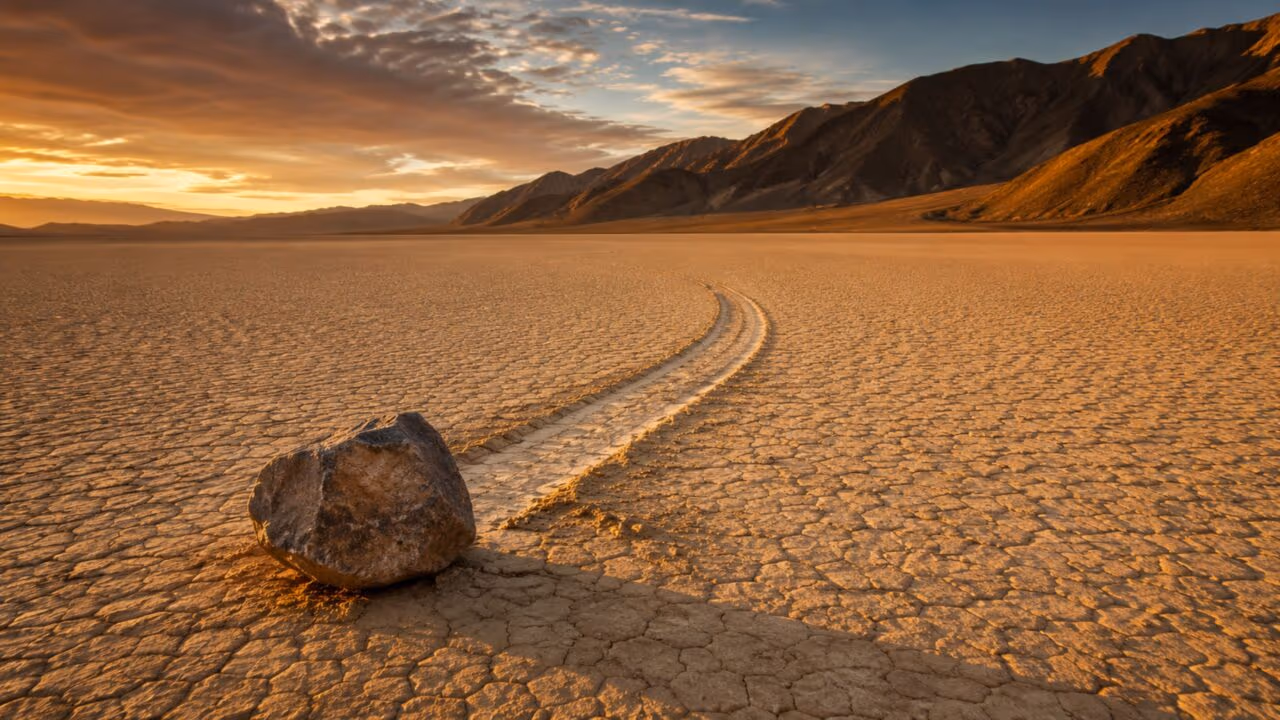 Fenômeno da natureza que faz rochas se moverem sozinhas no deserto e deixa rastros impressionantes no chão