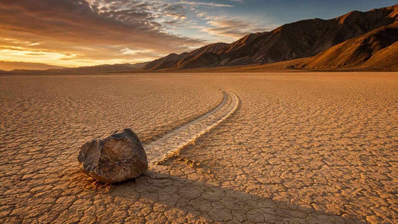 Fenômeno da natureza que faz rochas se moverem sozinhas no deserto e deixa rastros impressionantes no chão