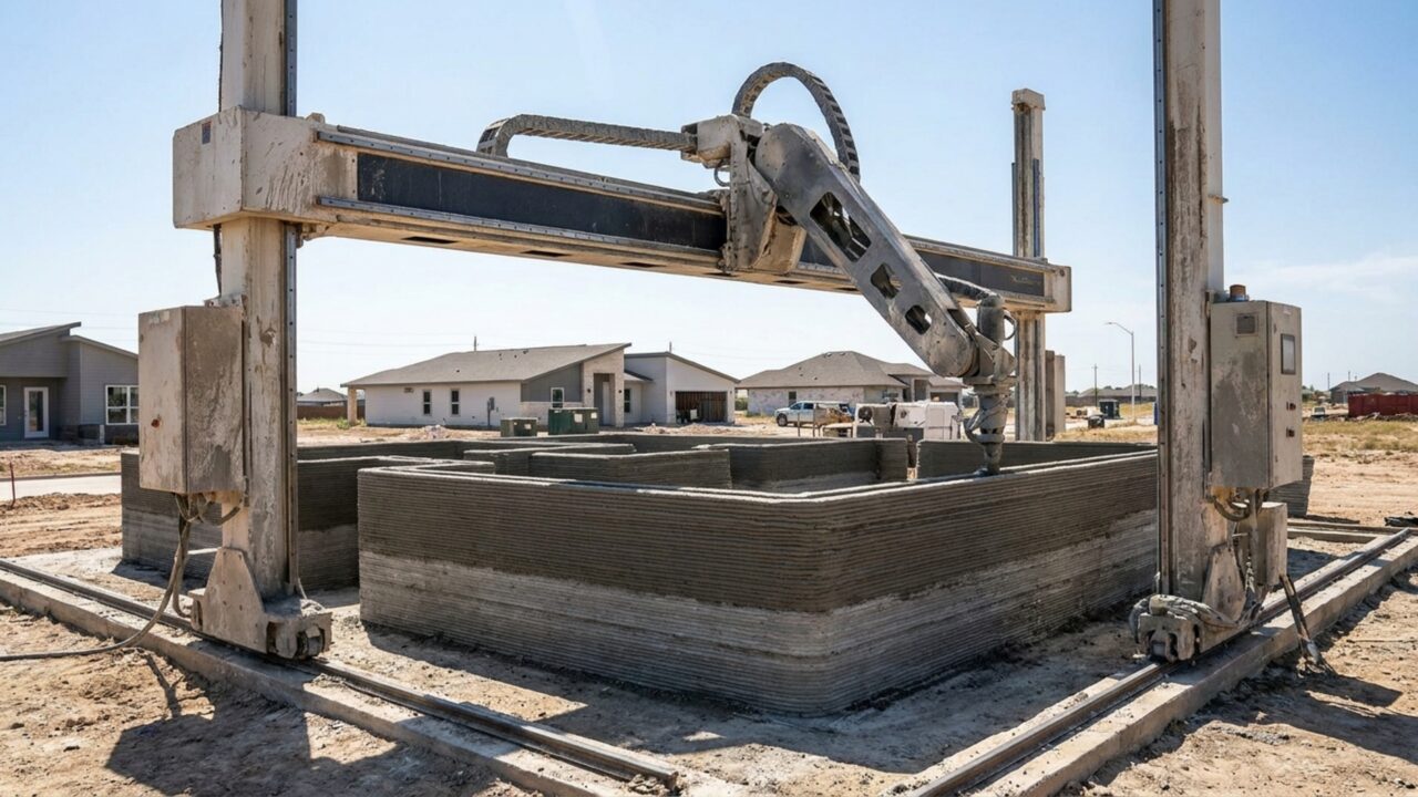 Máquinas gigantes estão imprimindo um bairro inteiro no Texas usando terra e cimento
