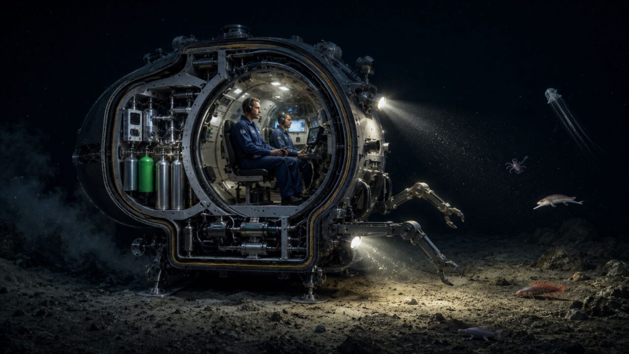 A cabine mantém pressão, ar e temperatura seguros no Challenger Deep