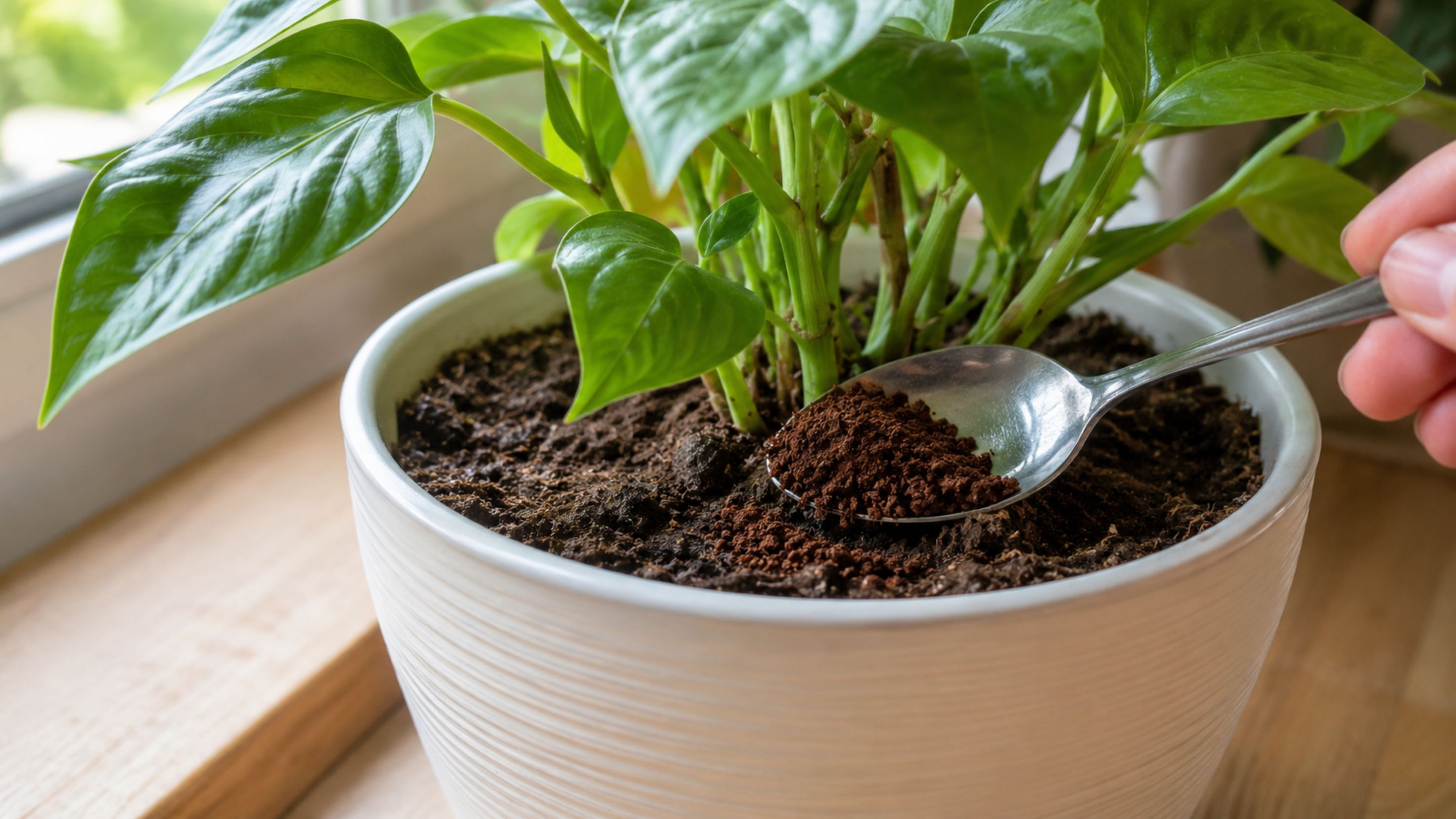 Coloque uma colher de borra de café na terra e mude suas plantas