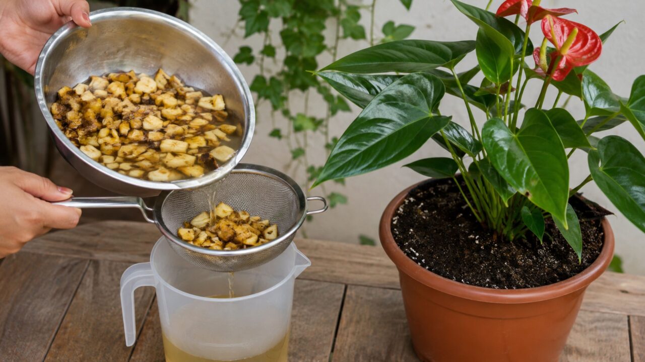 A água de casca de banana deve ser coada e usada com moderação para complementar os cuidados com o Antúrio