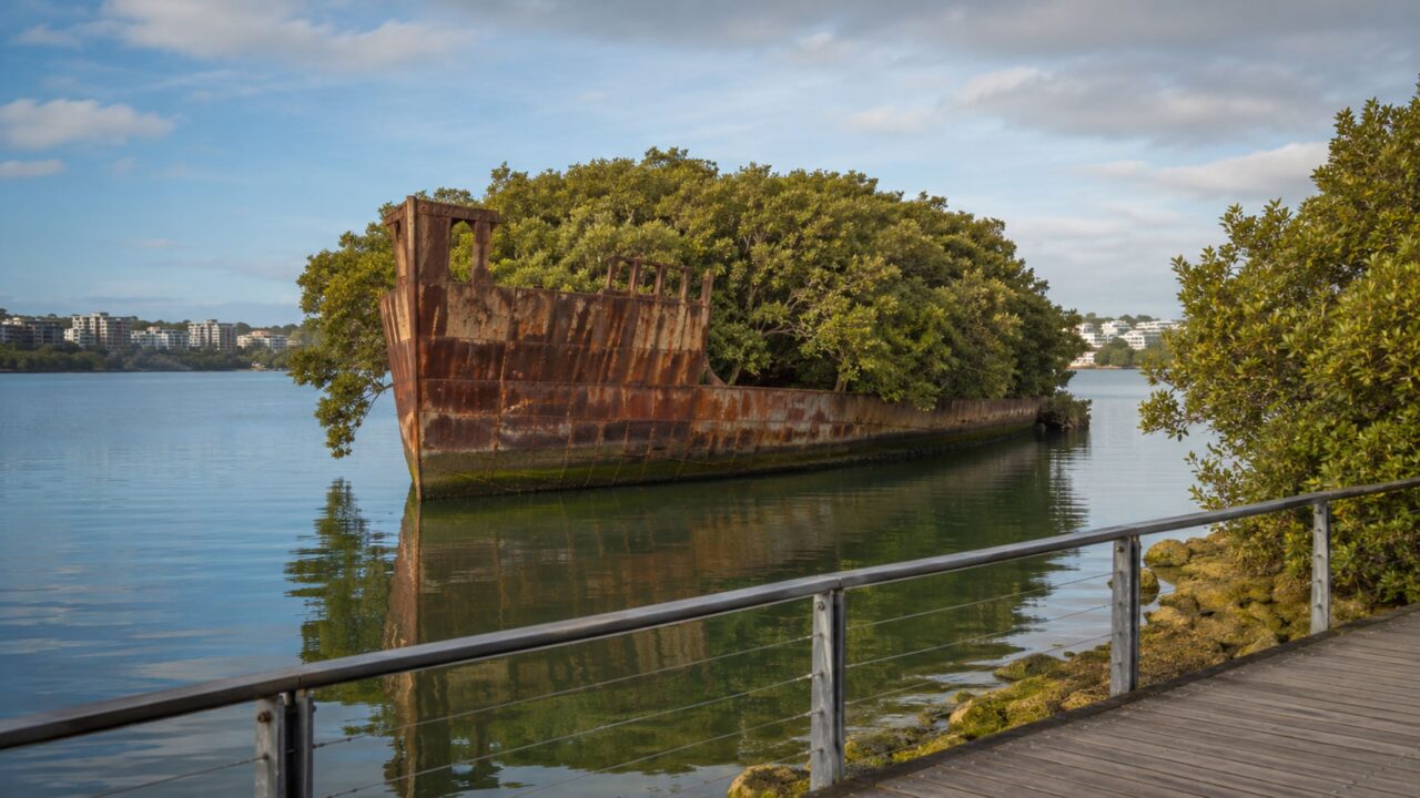 O navio pode ser observado da margem em Homebush Bay