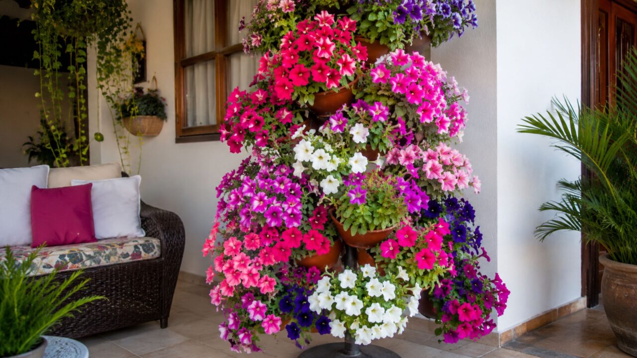 Árvore de petúnias cria efeito de jardim vertical florido sem precisar de cestos suspensos