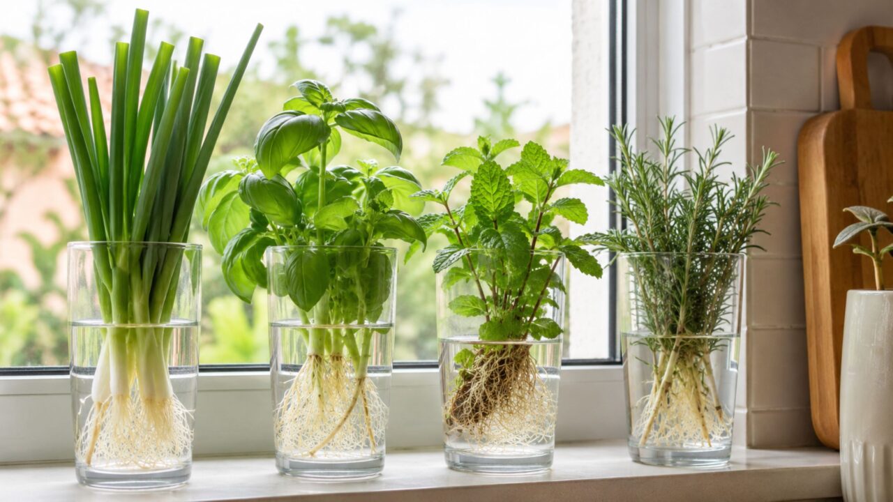 Horta na janela da cozinha com 4 temperos que se regeneram sozinhos na água