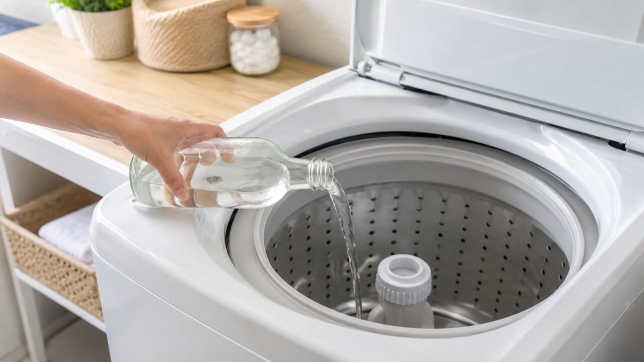 Coloque um copo de vinagre na máquina de lavar vazia e veja o resultado
