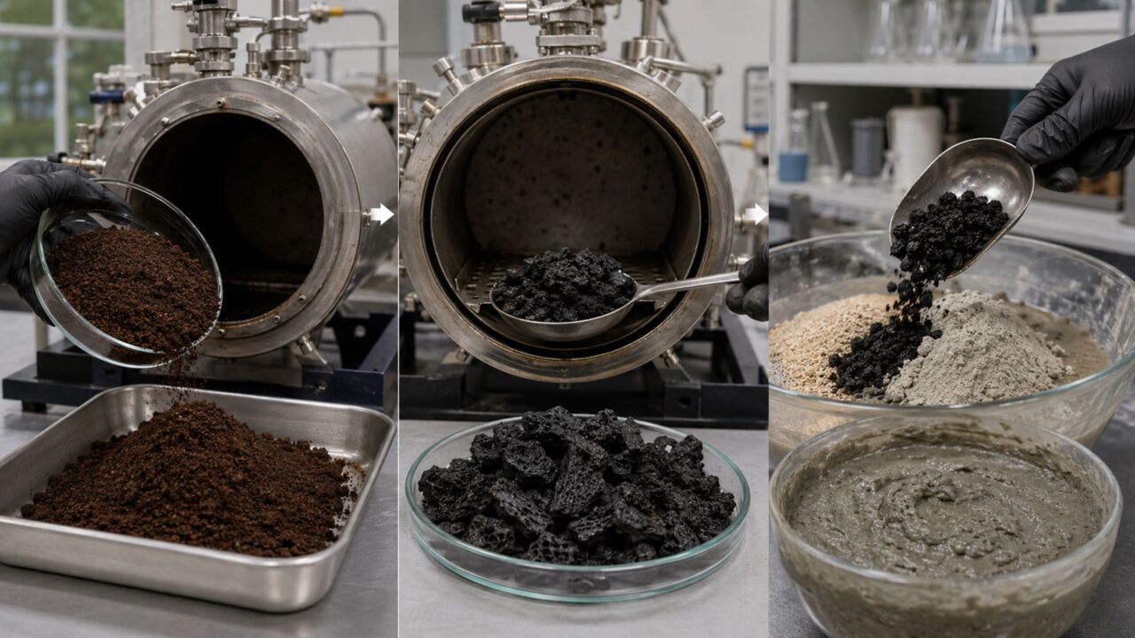 A borra precisa ser transformada em biochar antes de entrar no concreto