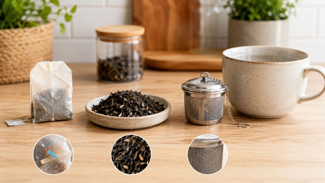 Chá a granel e infusor de inox reduzem o contato com plástico