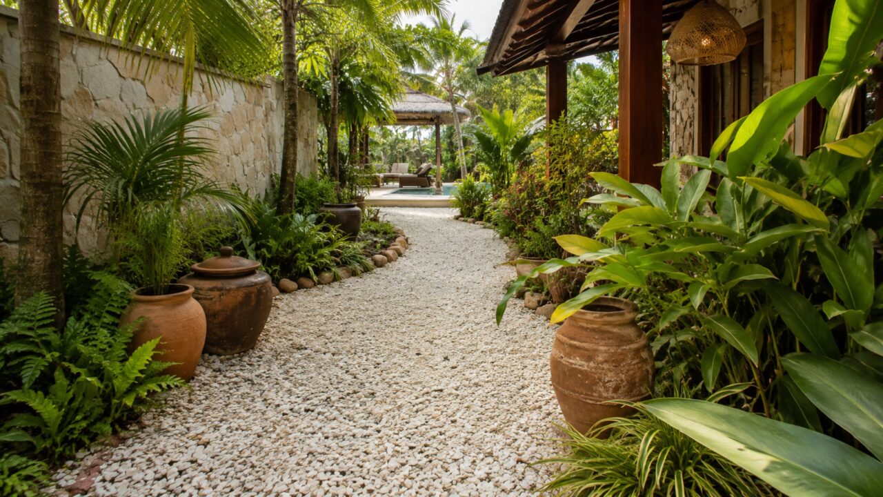 Adeus ao cascalho comum: conchas trituradas viraram a tendência de jardim que dá visual de resort ao quintal