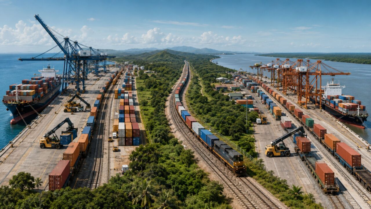 Contêineres são descarregados, transportados por trem e embarcados novamente no oceano oposto