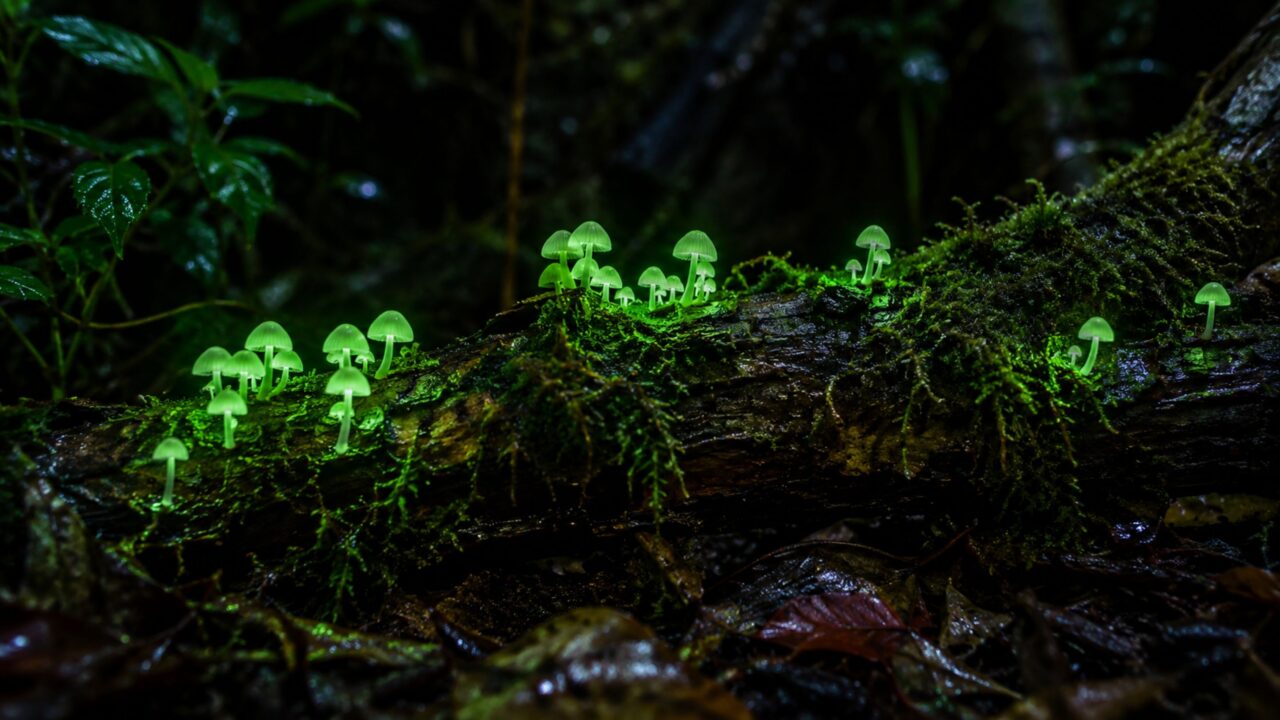 A bioluminescência faz alguns cogumelos emitirem luz própria entre troncos e folhas da Mata Atlântica