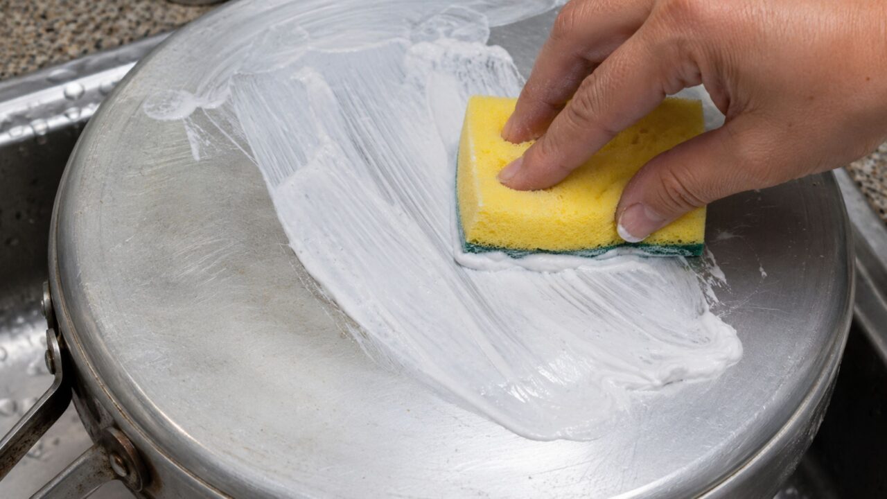 Pasta de dente branca e detergente ajudam a remover gordura leve e marcas opacas do alumínio quando usados com cuidado