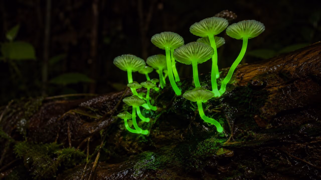 O cogumelo brilhante que ilumina a floresta escura à noite