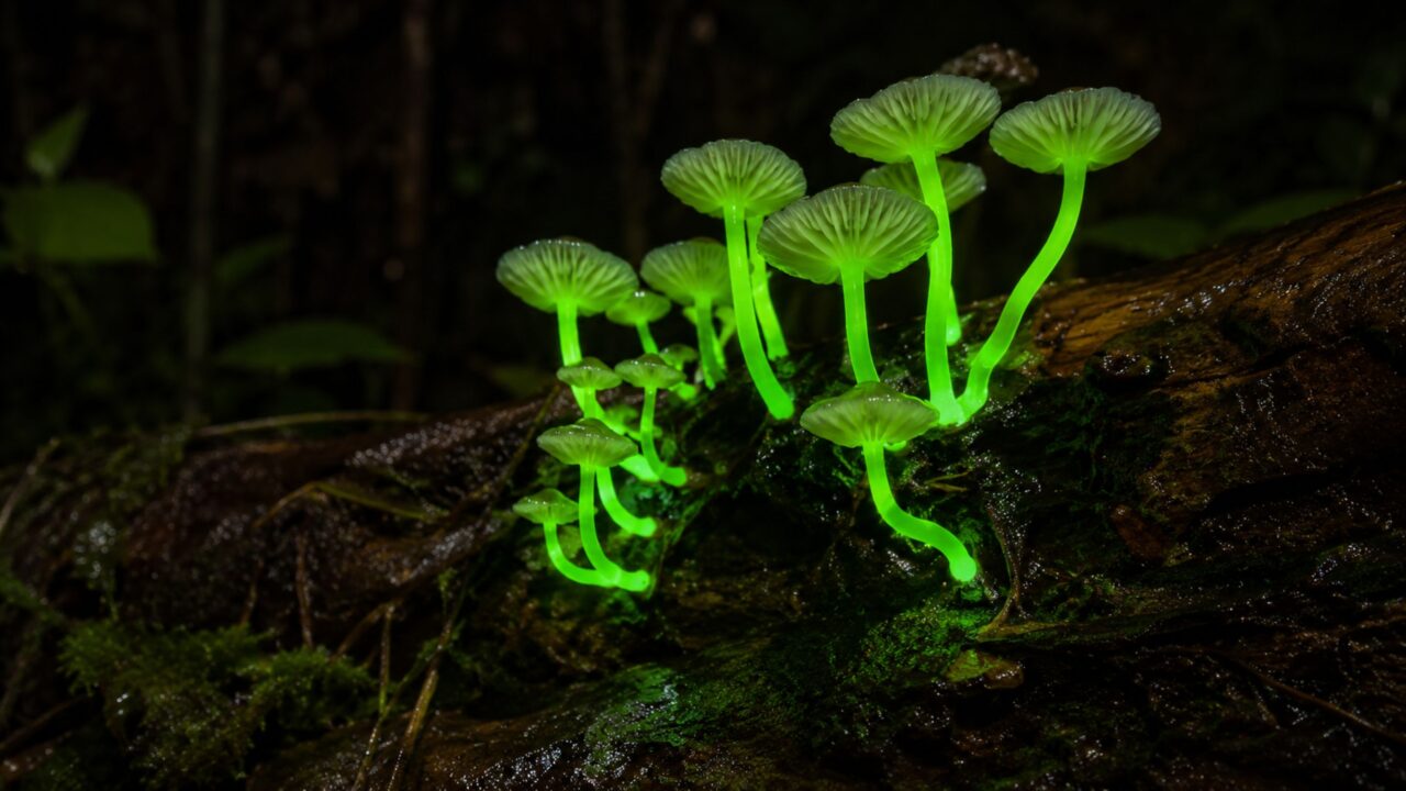 O cogumelo brilhante que ilumina a floresta escura à noite