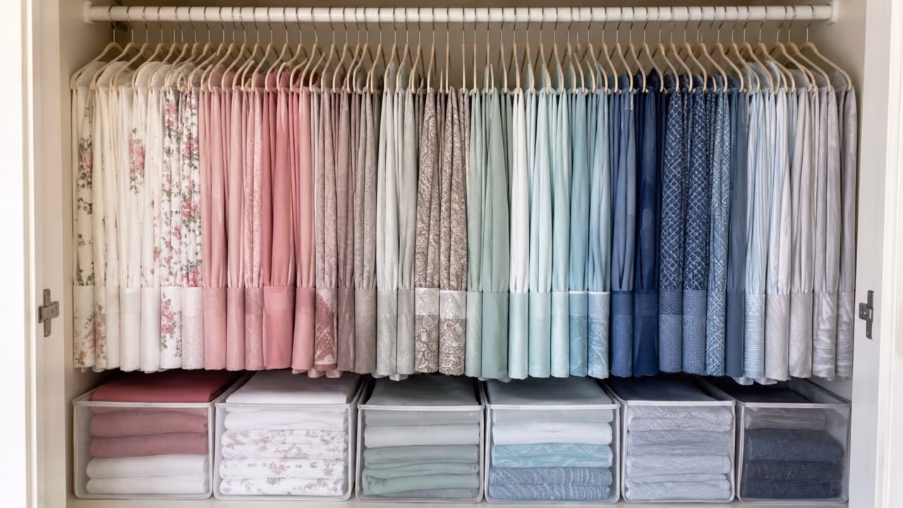 Adeus ao armário de roupa de cama entupido: o truque dos cabides deixa lençóis juntos e fáceis de achar