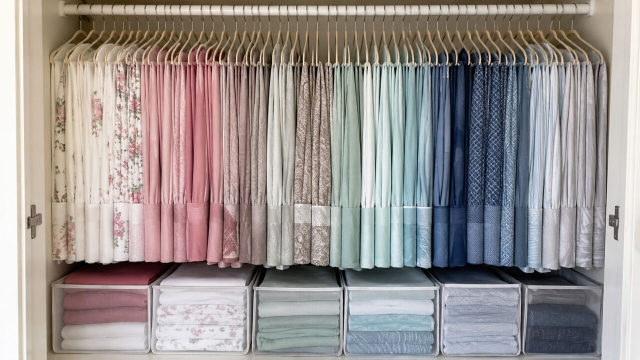 Adeus ao armário de roupa de cama entupido: o truque dos cabides deixa lençóis juntos e fáceis de achar