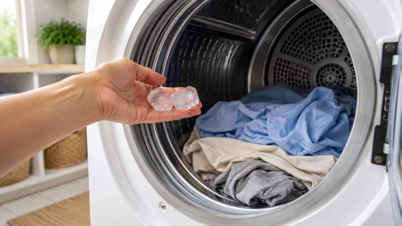 O calor da secadora transforma o gelo em vapor e ajuda a suavizar vincos do tecido