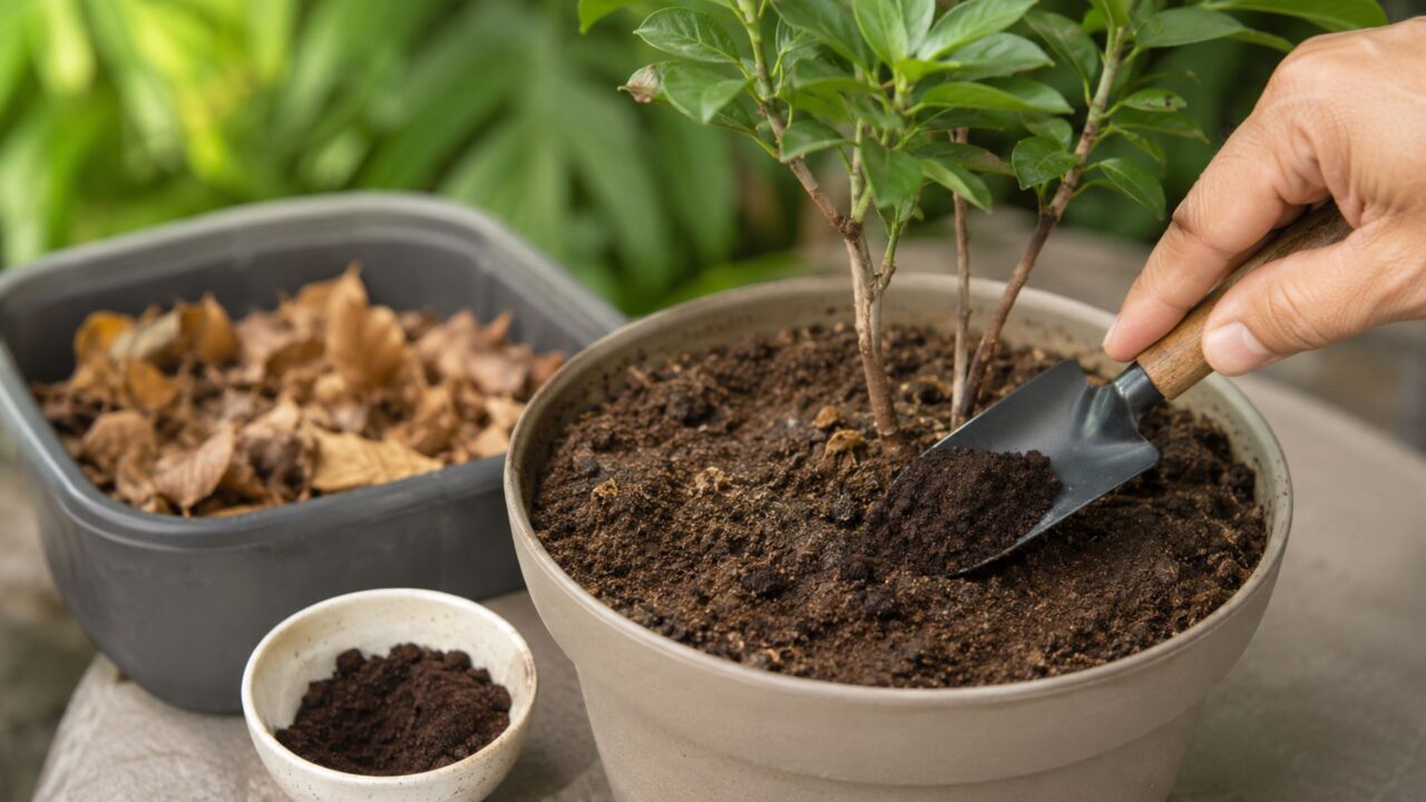 Borra de café em pouca quantidade e bem misturada ao solo