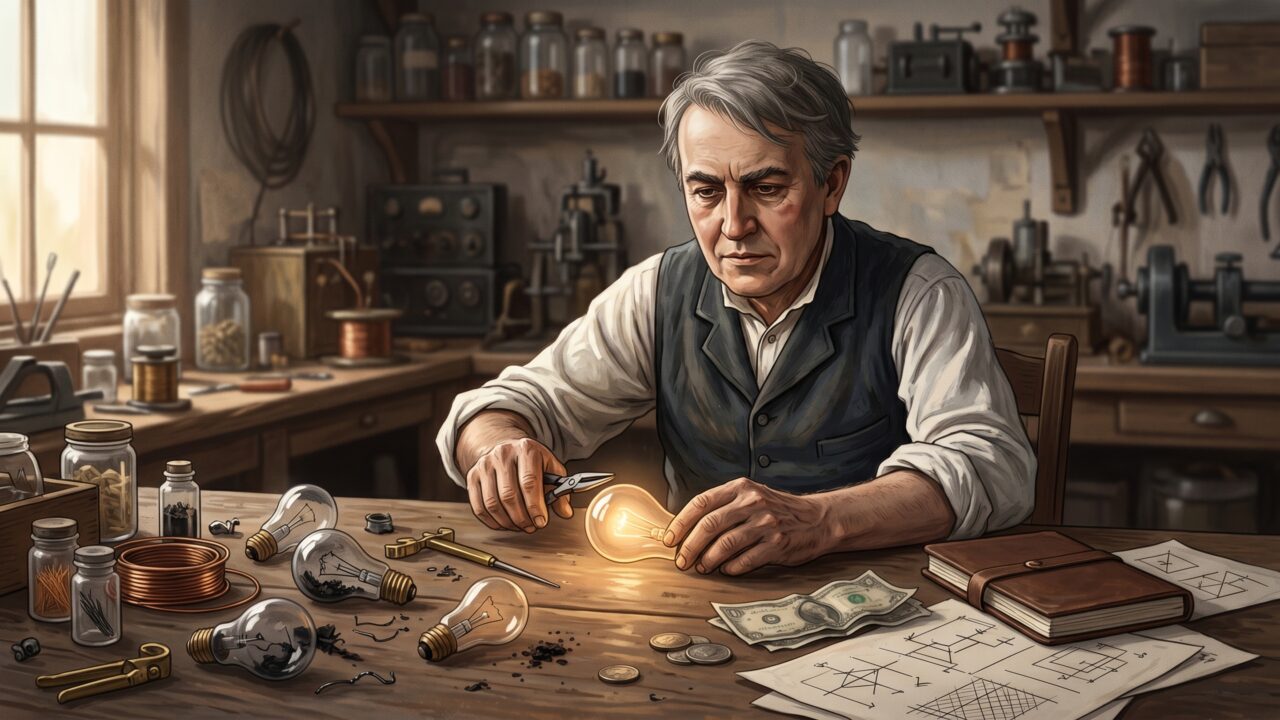 Thomas Edison, inventor que via genialidade menos como lampejo divino e mais como trabalho repetido até a exaustão: “Gênio é 1% inspiração e 99% transpiração”