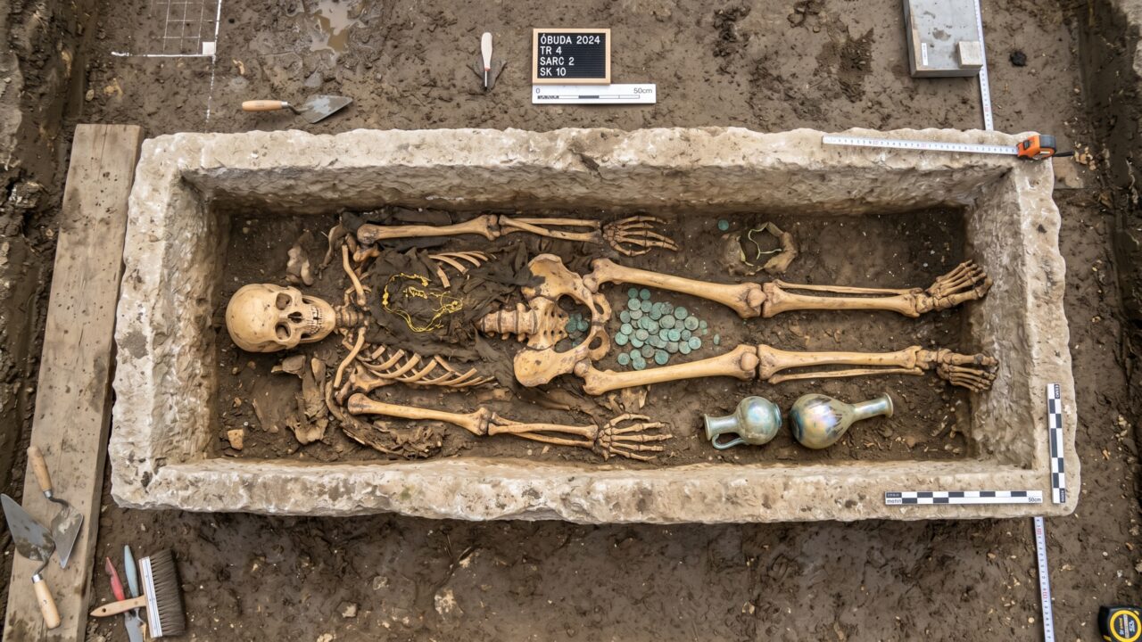 Arqueólogos abrem caixão romano com 1.700 anos de idade e encontram jovem cercada por moedas, vasos e objetos de luxo