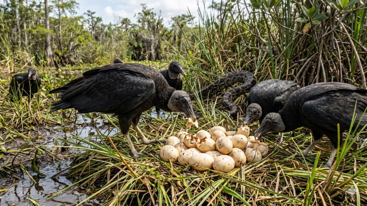 Abutres nativos comem ovos de píton-do-birmanês, uma espécie invasora, e dão esperança de desacelerar seu avanço nos Everglades