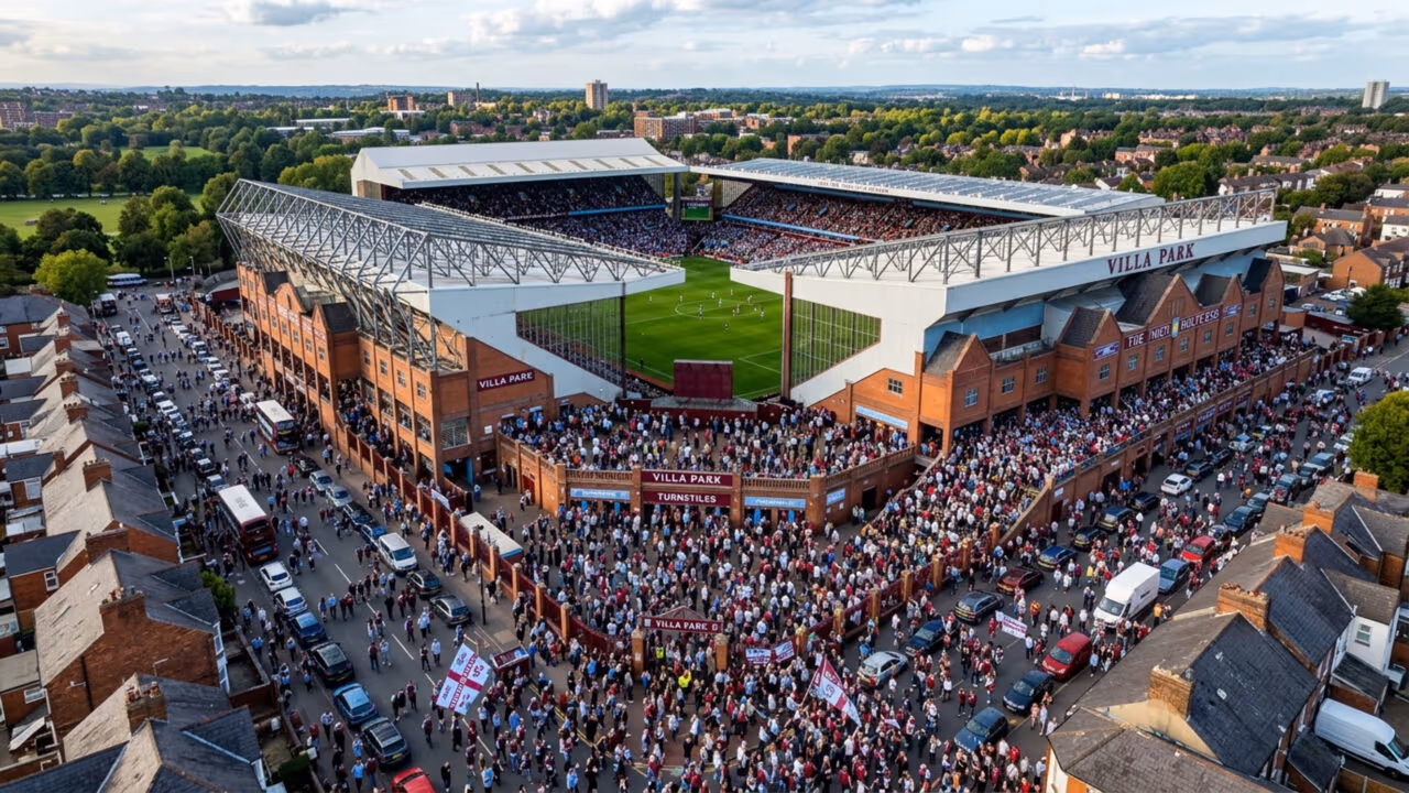 Inaugurado em 1897, e famoso por sua imponente fachada de tijolos vermelhos, o estádio do Aston Villa é um dos palcos mais tradicionais da Inglaterra