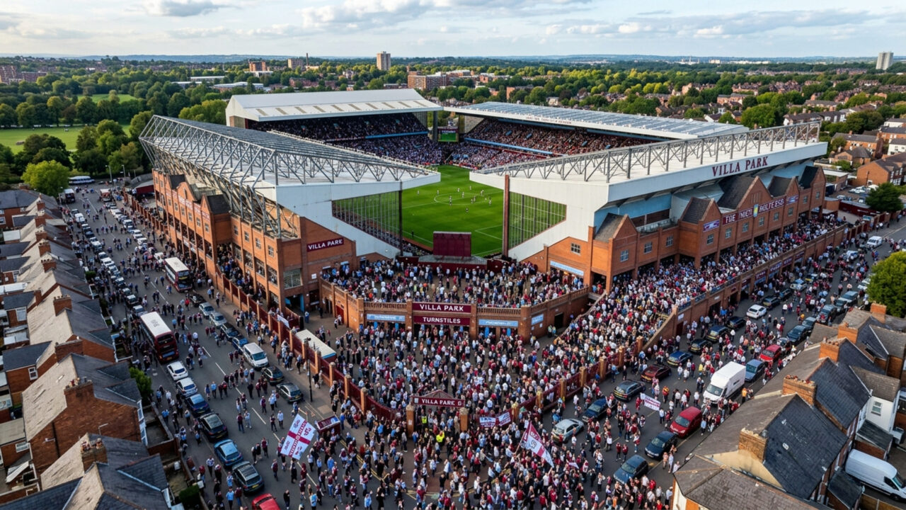 Inaugurado em 1897, e famoso por sua imponente fachada de tijolos vermelhos, o estádio do Aston Villa é um dos palcos mais tradicionais da Inglaterra