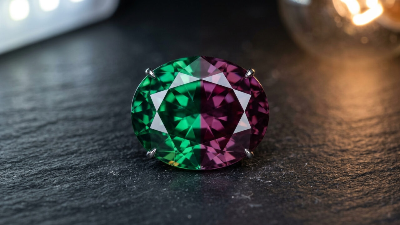 Raríssimo crisoberilo descoberto em 1830, esta joia fascinante muda de cor do verde para o vermelho dependendo da iluminação de forma 100% natural 