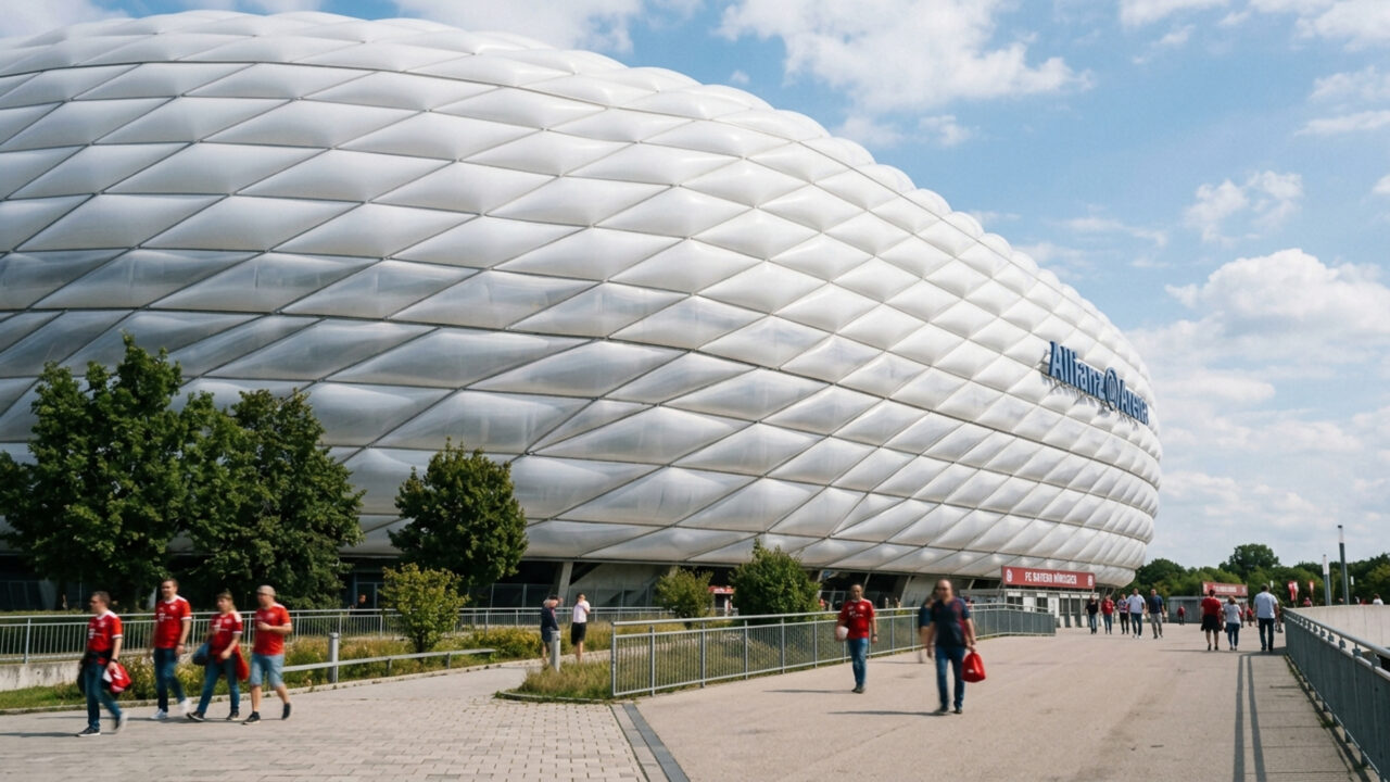 A moderna arena de 75 mil lugares brilha com painéis plásticos que mudam de cor, sendo o monumento esportivo mais icônico de toda a Alemanha