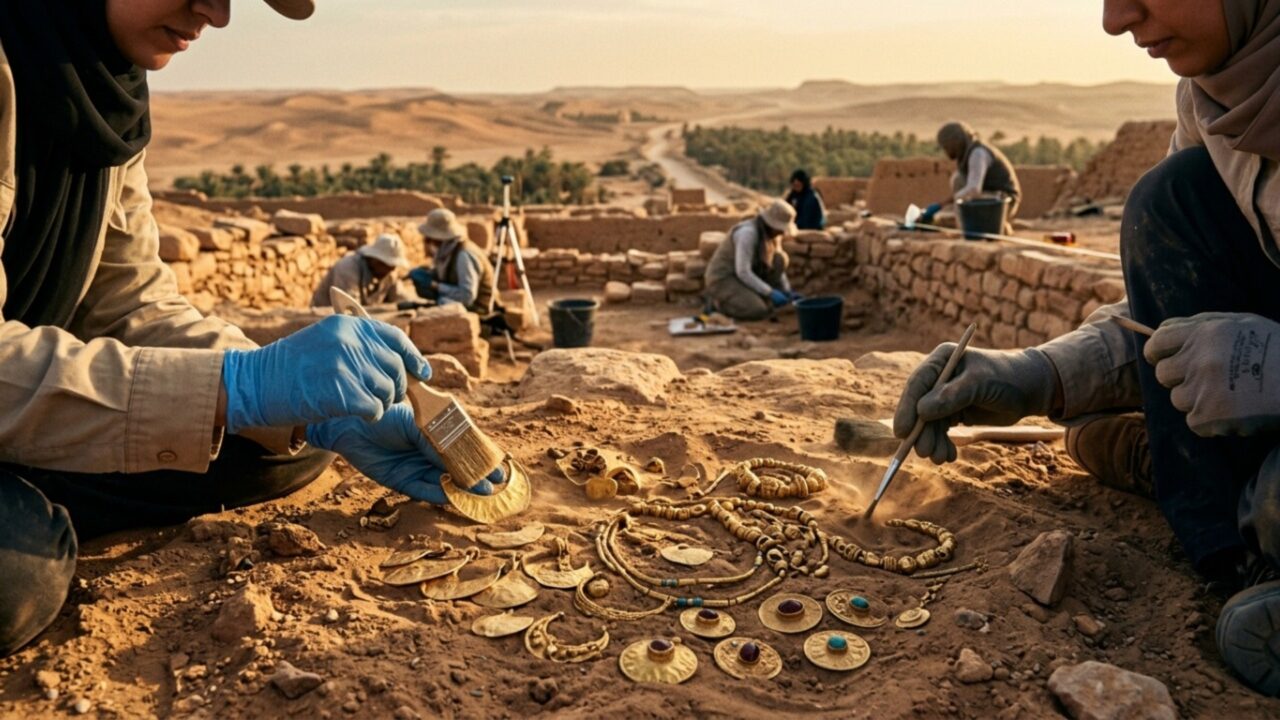 Arqueólogos acabam de desenterrar um tesouro de joias de ouro bem preservado, com 1.100 anos de idade, ao longo de uma antiga rota na Arábia Saudita