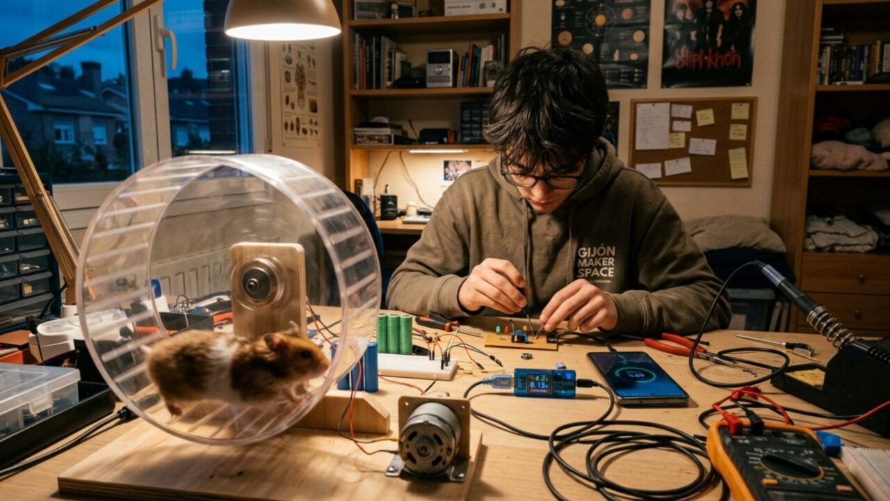 Garoto transforma a corrida noturna do hamster em energia e cria um carregador de celular que parece ter saído de um desenho animado