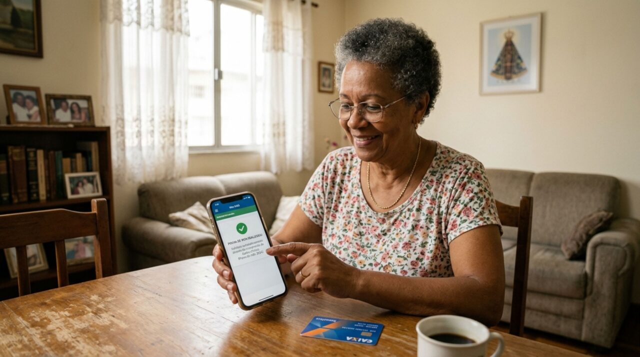 Aposentado consultando o aplicativo Meu INSS no celular, cartão do benefício sobre mesa simples, ambiente de casa brasileira discreta, mostrando prova de vida automática pelos canais oficiais