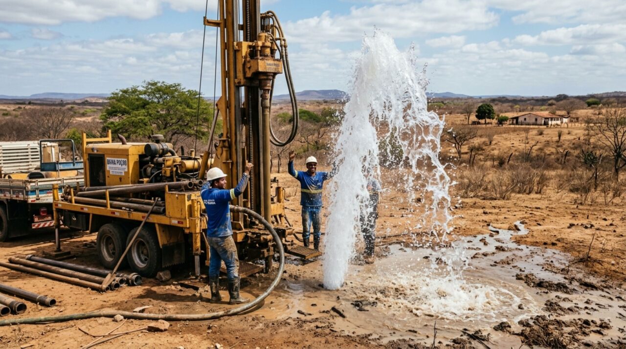 Poço artesiano encontra seis fendas e alcança vazão inacreditável de 30 mil litros por hora na Bahia